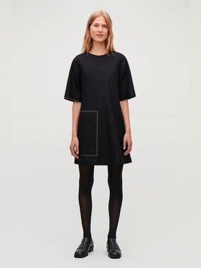 COS Black Short Sleeve Topstitched Wool cashmere Shift Dress Contrast  6